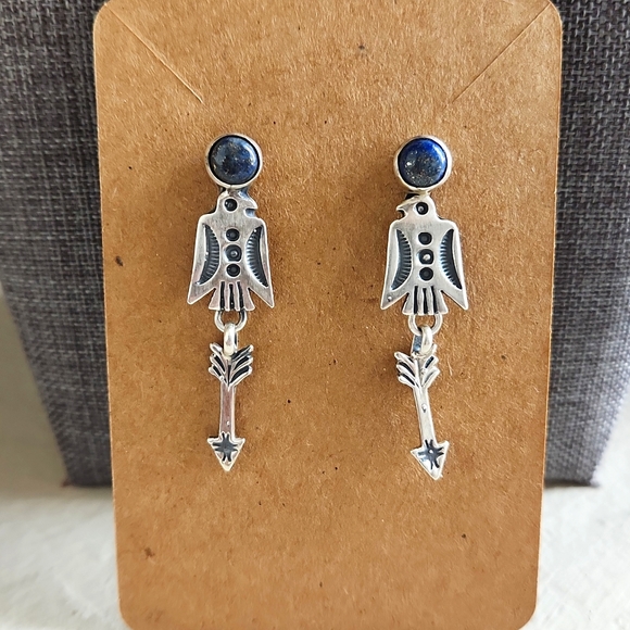 NWOT Native American Navajo Denim Lapis & Sterling Thunderbird Dangle Earrings - Picture 2 of 12